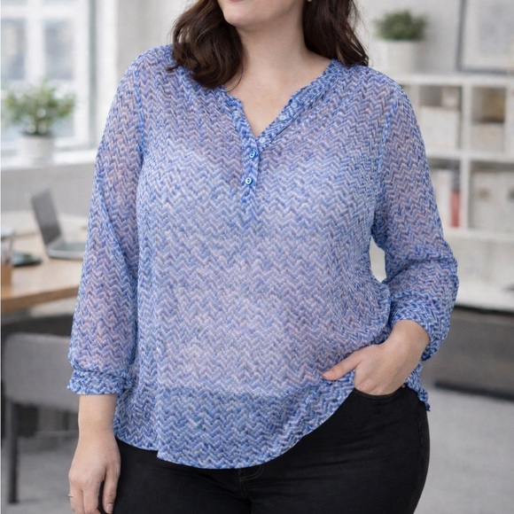 Liz Claiborne Tops - Liz Claiborne Blue & White Semi-Sheer Blouse | Long Sleeve Partial Button Top 1X